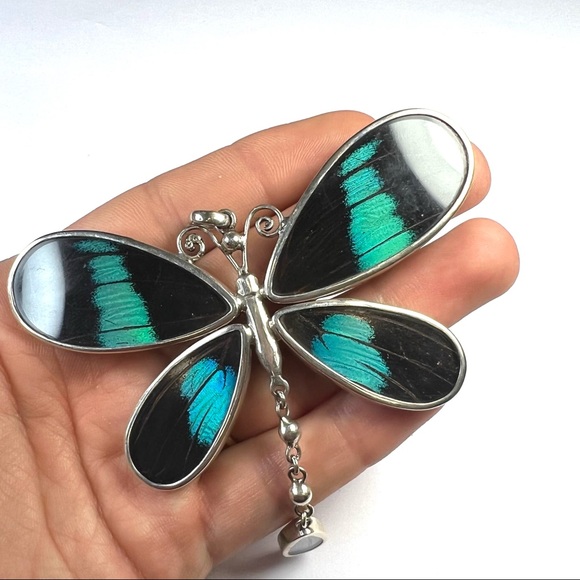 Super Pretty Real Blue Butterfly Sterling Silver Pendant and Earrings Set - Picture 6 of 9